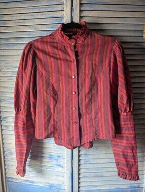 Rhapsody Red Striped Ruffle-Collar Button Blouse